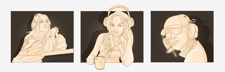 Set with peoples in headphones listening music. Vector characters isolated warm sepia color correction on white background. Blonde woman, brunette and young man in headphones