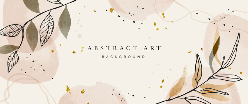 Abstract Art Botanical Background Vector . Luxury Wallpaper Design With Women Face, Leaf, Flower And Tree  With Earth Tone Watercolor And Gold Glitter. Minimal Design For Text, Packaging And Prints.