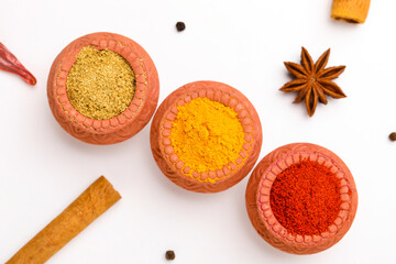 Red chilli powder,turmeric powder and coriander powder in clay bowl with other spices.