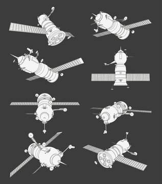 Vector set with spaceship satellite. Collection with 3d views old spaceship. Coloring page with 3d models. Isolated