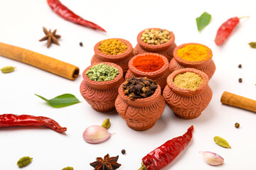 Indian spices collection, dried colorful condiment, nuts, pods and seeds and another spices in clay bowls.