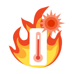 Hot summer weather concept vector illustration on white background. Thermometer with fire and sun in flat design.