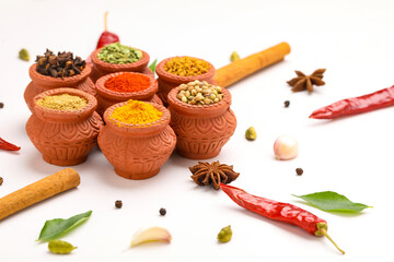 Indian spices collection, dried colorful condiment, nuts, pods and seeds and another spices in clay bowls.