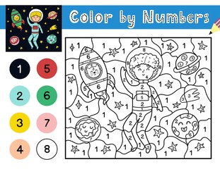 Color by number game. Space activity page for kids. Cute astronaut boy with rockets and planets. Preschool educational worksheet. Counting game template. Vector illustration