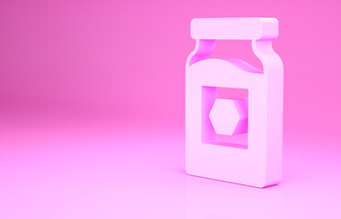 Pink Jar of honey icon isolated on pink background. Food bank. Sweet natural food symbol. Minimalism concept. 3d illustration 3D render