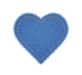 Denim heart shape with seam. Torn jean patch with stitches. Vector realistic illustration on white background.