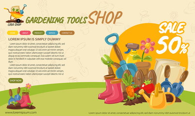 website banner vector illustration background gardening tools garden equipment design 02
