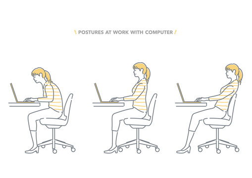 PCで作業する女性の姿勢　フラットなイラストセット