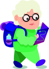 Old woman is backpacking to travel with map in hands.