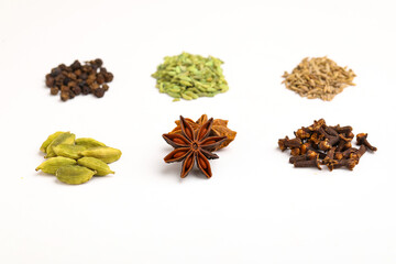 Indian spices and herbs on white background.