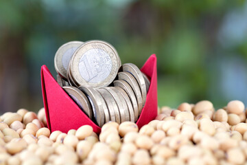 Paper boat full of euro coins on soybeans