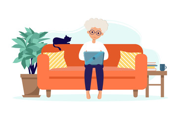 Senior woman stay at home. Old woman sitting on sofa with laptop. Pensioner with a cat. Elderly people during the coronavirus outbreak. Vector illustration in a flat style.