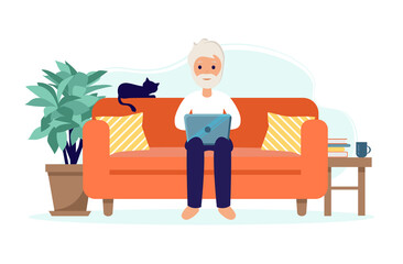 Senior man stay at home. Old man sitting on sofa with laptop. Pensioner with a cat. Elderly people during the coronavirus outbreak. Vector illustration in a flat style.