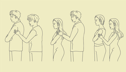 Reconciliation after a fight set. Guarrel in unhappy relationship. Hand drawn style vector.