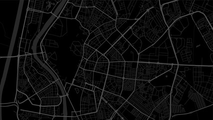 Black and dark grey Seville City area vector background map, streets and water cartography illustration.