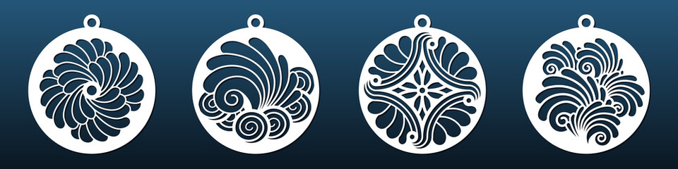 Obraz premium Laser cnc cut balls or coasters. Abstract geometric pattern with sea shells motives. Paper cut, wall art, pendants, home decor, cutting craft. Vector illustration