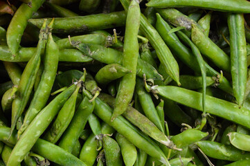 Close up of fresh pea pods  sold in the market