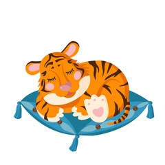 Cute baby tiger cub is sleeping on a pillow. Concept for baby products in the first months of life. 2022 is the year of the tiger.
Cute child character for poster, postcard, pajamas