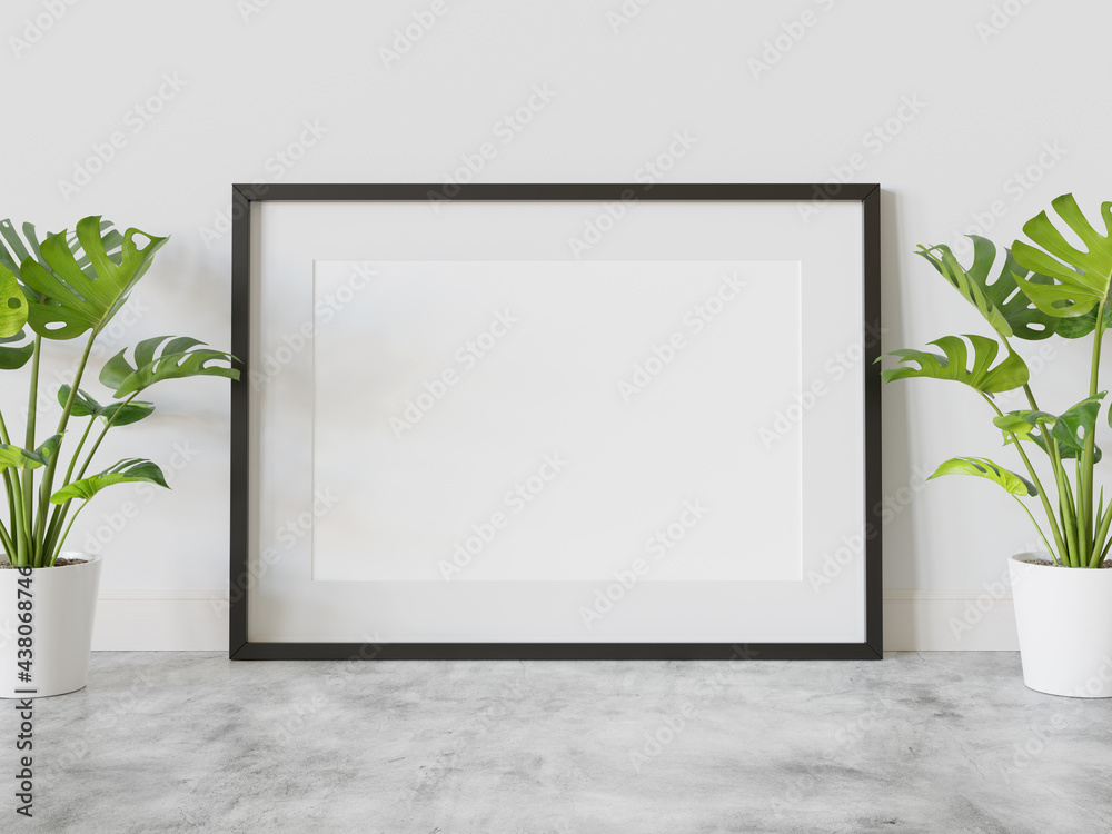 Poster black frame leaning on floor in interior mockup. template of a picture framed on a wall 3d rendering