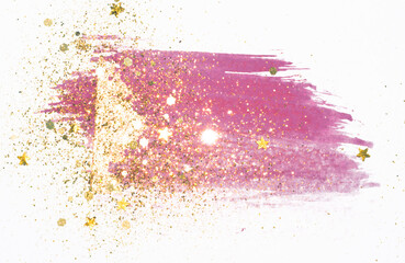 Golden glitter and glittering stars on abstract pink and gold watercolor splashes in vintage nostalgic colors
