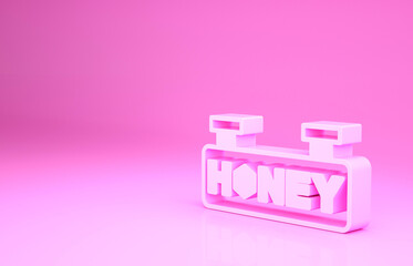 Pink Hanging sign with honeycomb isolated on pink background. Signboard icon. Honey cells symbol. Sweet natural food. Minimalism concept. 3d illustration 3D render
