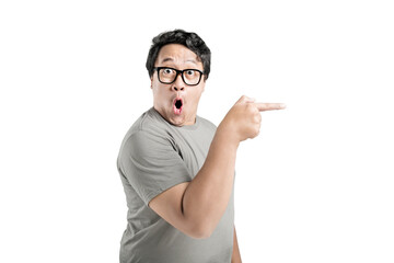 Asian man in eyeglasses pointing something with excited expression