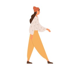 Young woman walking in trendy casual clothes. Profile of female going forward. Person strolling, wearing knitted hat. Colored flat vector illustration of modern human isolated on white background