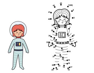 Connect the dots and draw a cute girl astronaut. Space dot to dot number game. Activity page for kids. Educational worksheet. Vector illustration