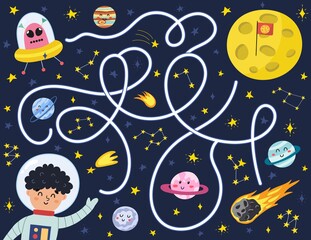 Naklejka premium Space maze puzzle for kids. Help a cute boy astronaut find way to the Moon. Activity page with funny space character. Mini game for school and preschool. Vector illustration