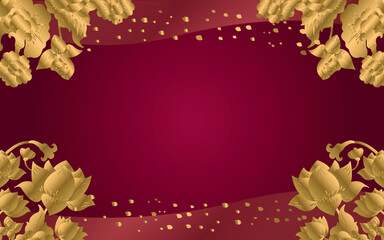 Thai Gold Lotus with Curvy Line on Dark Red Background