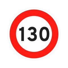 Speed limit 130 round road traffic icon sign flat style design vector illustration isolated on white background. Circle standard road sign with number 130 kmh.