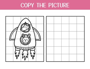 Copy the picture activity page for kids. Draw and color a cute fox and a rabbit in rocket. Space educational game template for school and preschool. Vector illustration