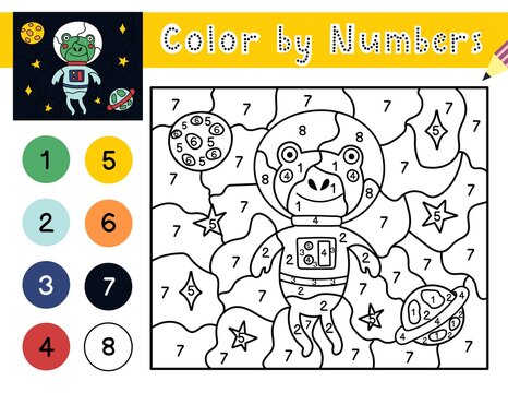 Color the picture with frog astronaut by numbers. Space activity page for kids. Preschool educational worksheet. Counting game template. Vector illustration