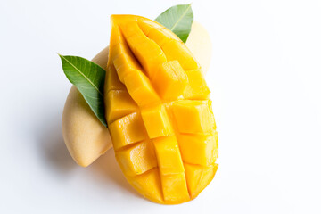 Fresh mangoes  exotic health product with leaf and slice  on white background. concept vitamin from...
