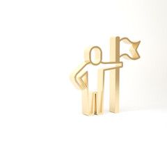 Gold Man holding flag icon isolated on white background. Victory, winning and conquer adversity concept. 3d illustration 3D render