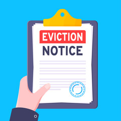 Hand holds eviction notice legal document on the clipboard with stamp, paper sheets and a pen vector illustration flat style design. Notice to vacate form eviction credit debt real estate concept.