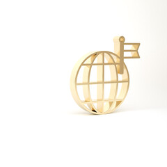 Gold Planet with flag icon isolated on white background. Victory, winning and conquer adversity concept. 3d illustration 3D render