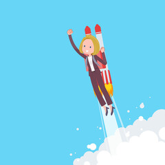 ロケットジェットで飛び立つ金髪ビジネス女性のセット