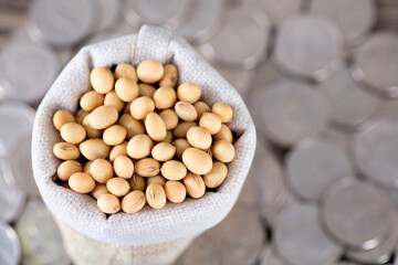 Bagged soybeans on dollar coins