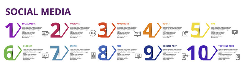 Infographic Social Media template. Icons in different colors. Include Like, Audience, Boosted Post, Feed and others.
