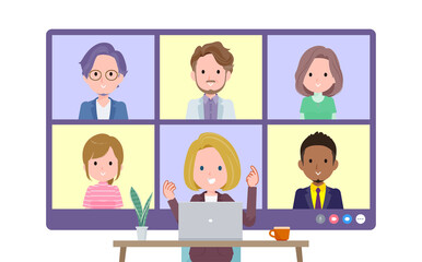 複数人でオンライン会議をしている金髪ビジネス女性のセット。正面アングル