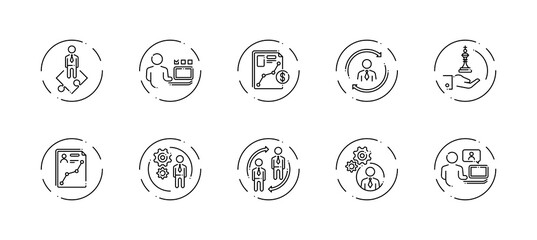 10 in 1 vector icons set related to business company management theme. Black lineart vector icons isolated on background.