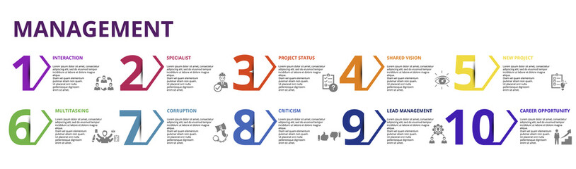Infographic Management template. Icons in different colors. Include Lead Management, Criticism, Specialist, Interaction and others.