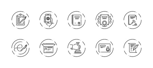 10 in 1 vector icons set related to official document theme. Black lineart vector icons isolated on background.
