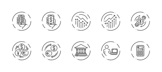 10 in 1 vector icons set related to money trade theme. Black lineart vector icons isolated on background.