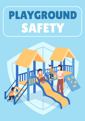 Naklejka premium Playground safety poster flat vector template. Teacher with kids in masks. Brochure, booklet one page concept design with cartoon characters. Kindergarten healthcare flyer, leaflet with copy space