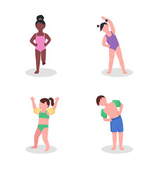 Kids in swimwear semi flat color vector character set. Child figure. Full body people on white. Water sport isolated modern cartoon style illustration for graphic design and animation collection