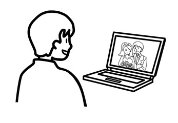 オンラインウェディングに参加する男性のイラスト