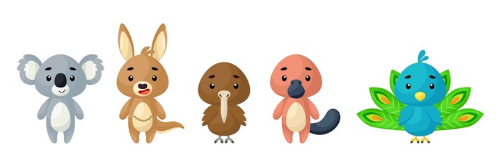 Cute animals set. Collection funny animals characters for kids cards, baby shower, birthday invitation, house interior. Bright colored childish vector illustration.