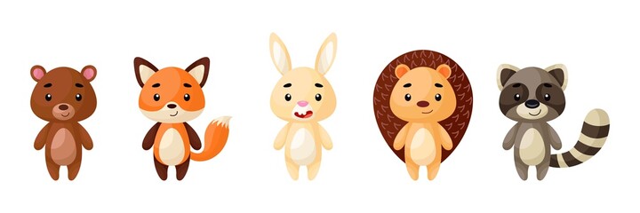 Cute woodland animals set. Collection funny animals characters for kids cards, baby shower, birthday invitation, house interior. Bright colored childish vector illustration.